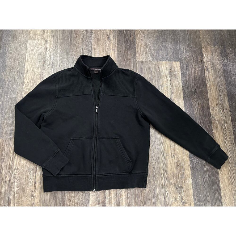 Michael Kors Mens Full Zip Sweatshirt Black Ribbed Yoke‎ Fleece Lined Jacket L